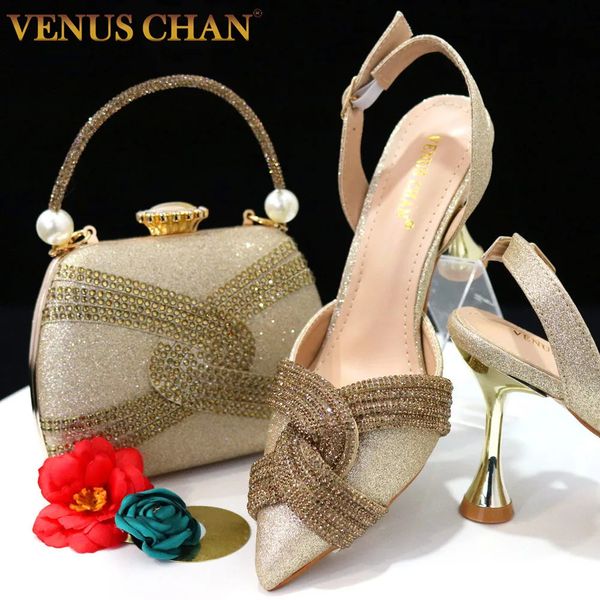 Robe chaussures Nigeria africain bout pointu mariage haut hee croix d'or diamant ceinture décoration exquis banquet dames chaussures et sac 231116