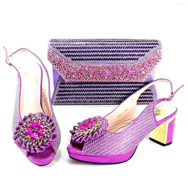 Zapatos de vestir Nigeriano Africano Moda Madura Dulce Púrpura Elegante Dama Cristal Tacones Altos Lujo SSS Grado Marca Fishbill Bag Set