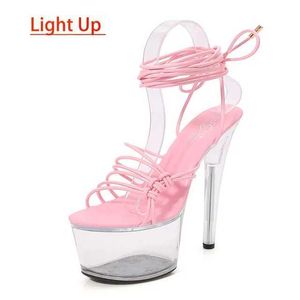 Robe chaussures discothèque LED éclairer talons hauts modèle marche spectacle sandales lumineuses cheville à lacets pôle danse femmes plate-forme transparente H2403214FVJ