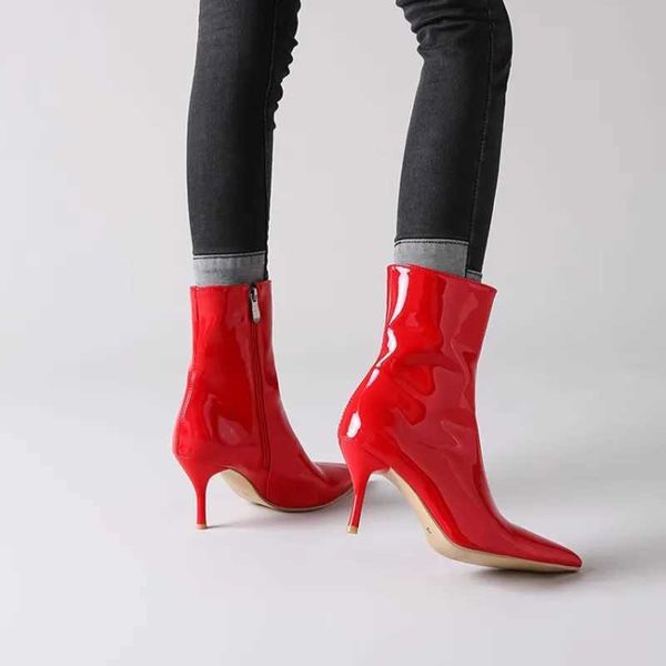 Zapatos de vestir Ochanmeb elegante brillante charol mujeres tacones de aguja botas de tobillo grande más de gran tamaño 47 negro rojo tacones blancos botines mujerl231228