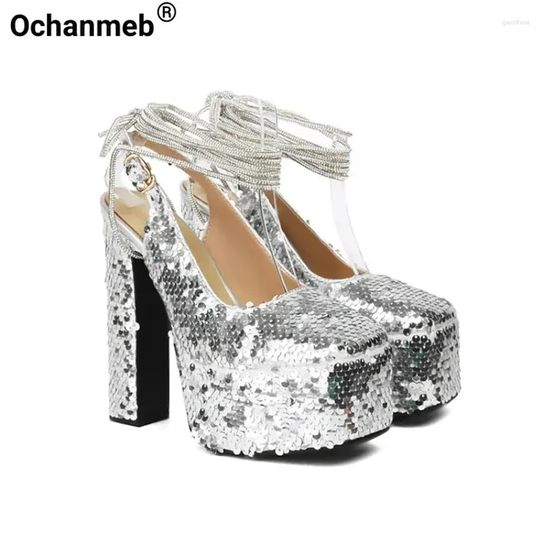 Zapatos de vestir Ochanmeb Lentejuelas plateadas Tacones altos Mujer Plataforma gruesa Glitter Oro Verde Lentejuelas Bombas nupciales Fiesta de boda Lady