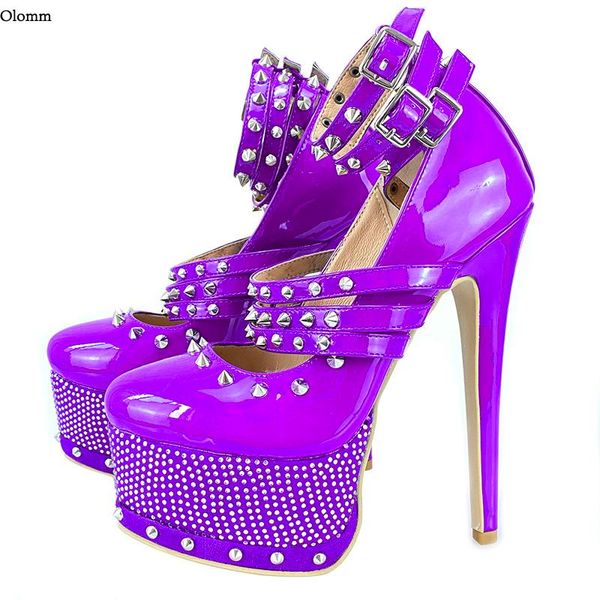 Zapatos de vestir Olomm 2021, zapatos de tacón de aguja hechos a mano para mujer, tacones de aguja con diamantes de imitación, punta redonda, hermosos 9 colores, ropa para discoteca, tallas de EE. UU. 5-20