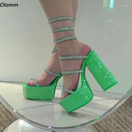 Zapatos de vestir Olomm Llegada Mujeres Sandalias de verano Crystal Chunky Tacones Square Toe Pretty Green Light Blue Ladies Party Tamaño EE. UU. 5-15