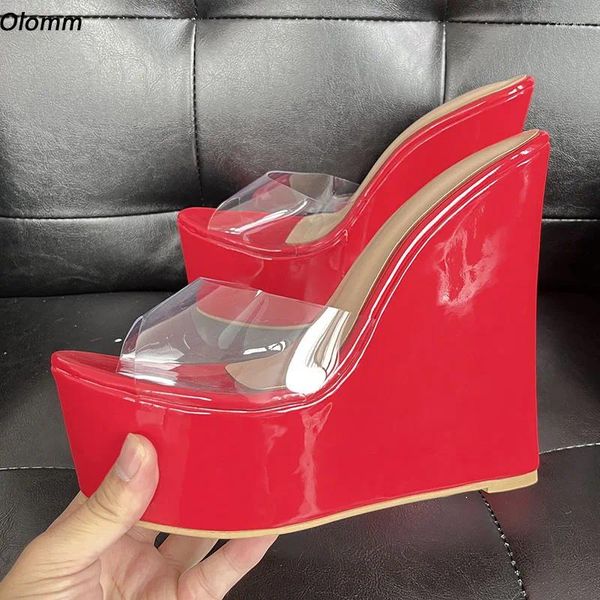 Zapatos de vestir Olomm mujeres verano mulas sandalias resbalón en cuñas sexy tacones punta redonda hermosa fiesta roja EE. UU. Talla grande 5-20