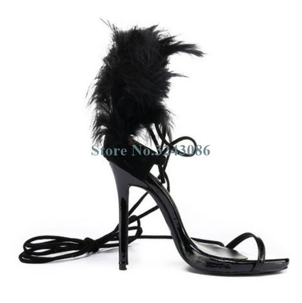 Zapatos de vestir Punta abierta Sandalias de tacón alto fino de una sola correa Espectáculo de plumas negras Elegante banquete Tobillo de cuero para mujer