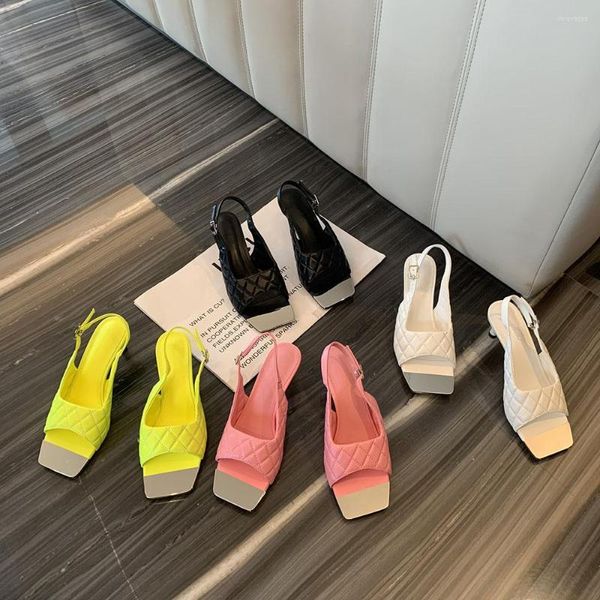 Zapatos de vestir, sandalias de punta abierta para mujer, llegadas de 2023, negro, blanco, rosa, amarillo, correa trasera, hebilla de cinturón, tacones finos, toboganes