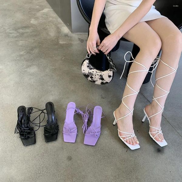 Chaussures habillées ouverts femmes sandales bandes étroites d'été à l'extérieur des talons hauts minces noire blanc violet croix de la cheville 35-39