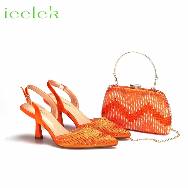Zapatos de vestir de color naranja del dedo del pie puntiagudo decorado con el diseño de diamantes de imitación bling, damas, juego de bolsas a juego para fiesta