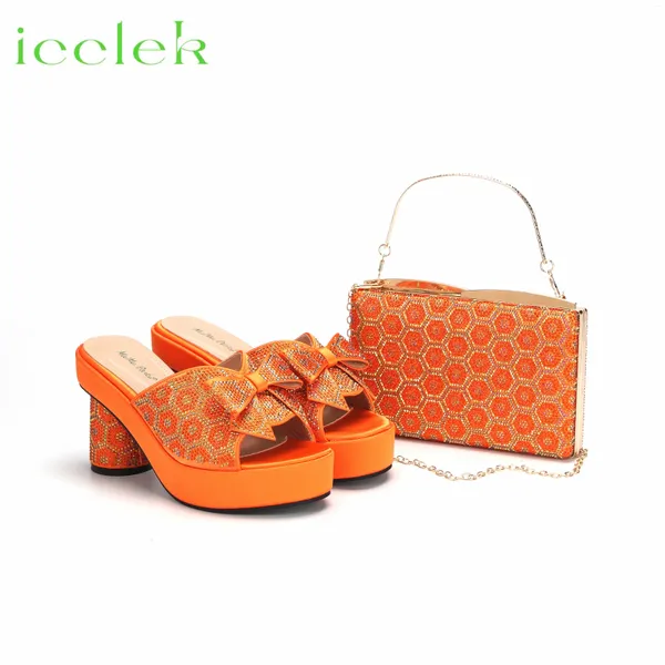 Zapatos de vestir Naranja Est Italiano con bolsos a juego Conjunto decorado Rhinestone Mujeres Tacones redondos de verano Zapatillas para fiesta de boda