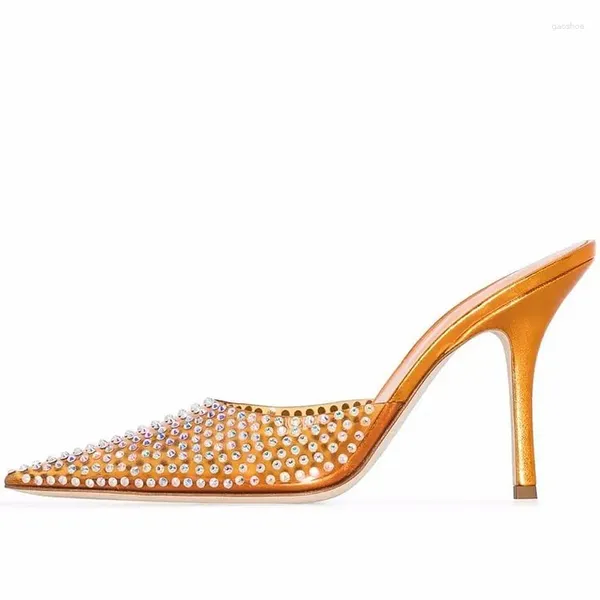 Chaussures habillées Orange Stiletto Strass Pompes Femmes Pointu Toe Clear Mule Talons Grande Taille Personnalisée