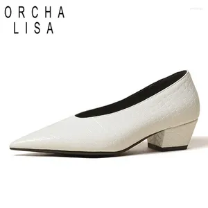 Dress Shoes Orcha Lisa 2024 Vrouwenpompen Pointed teen dikke hakken slang in reliëf bovenste slip-on volwassen grote grootte 32-46 zwarte witte veer S3117