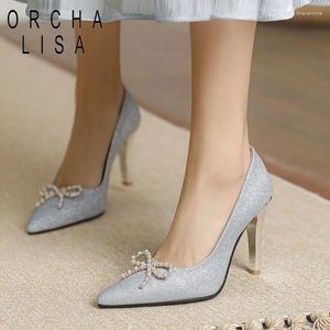 Robe chaussures orcha lisa 9cm noeud papillon mince talons hauts fête bureau dame pompes bout pointu été femmes stiletto 32 43 mariage d'argent