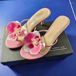 Kleding schoenen orchidee bloem flip-flops dames zomers slippers roze groen lederen peep teen holle dunne hakken sandalen casual strand