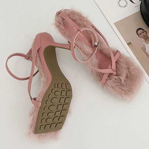 Dress Shoes Party Furry Women Pumps Thin High Heel Fur 2022 Nieuwe Slingbacks Gladiator Autumn Square Toe Sandals Fashion Flip Flops Slides L230216