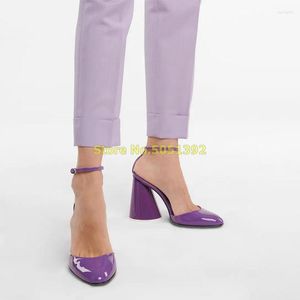 Chaussures habillées en cuir verni violet bloc talon pompes bout rond cheville boucle sangle solide vert noir mode femmes printemps été