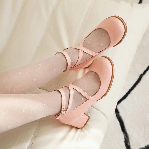 Chaussures habillées en cuir PU verni rose blanc Lolita filles carré talon épais printemps sangle croisée belle Mary Janes pompes femmes talons