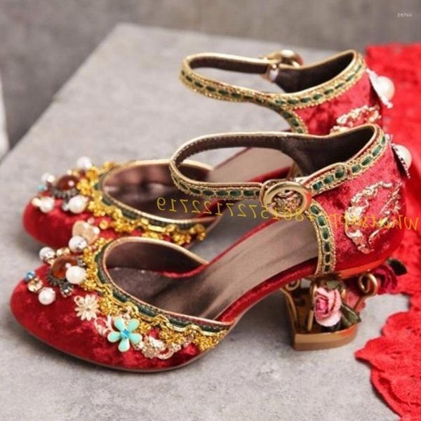 Zapatos de vestir, zapatos de tacón con jaula de flores de cristal perlado, zapatos de tacón Retro de gamuza para mujer, tacones calados con hebilla para fiesta, primavera 2023, apliques elegantes