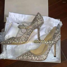 Dress Shoes Pearl Diamond Pointy Mules High Heel Women Bling Elegant Wedding Stiletto Sandals Summer Gorgeous Lady Silver