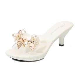 Robe chaussures perle coquille décoration pantoufles été sandales transparentes discothèque mince talons hauts belle cristal fête femmes grande taille h2403252