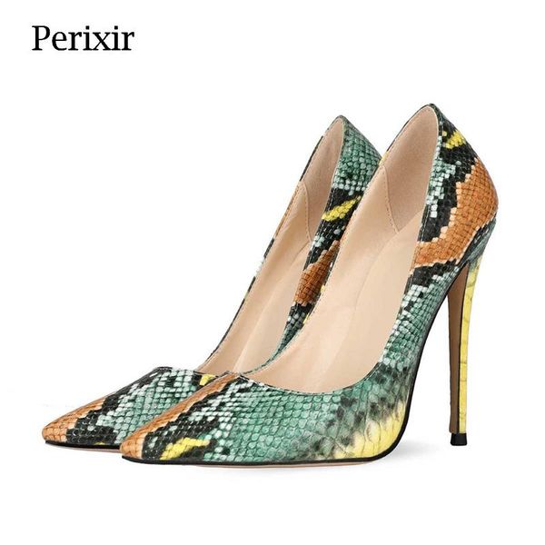 Zapatos de vestir Perixir, tacones altos para mujer, punta estrecha, boca baja, patrón de serpiente verde, fiesta de moda, individual, primavera 2021