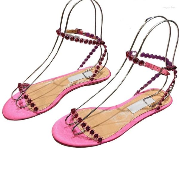 Chaussures habillées rose cristal femme plage plate sandale de bonbon brillant couleurs ouverts boucle boucle