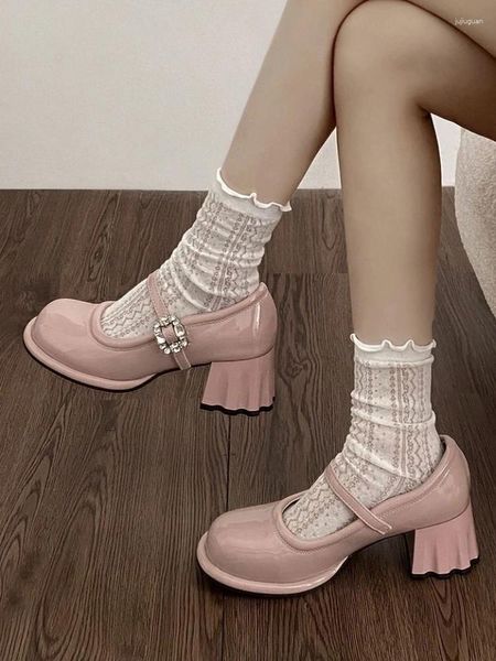 Zapatos de vestir rosa elegante vintage Mary Janes Fashion Fashion Sweet Square Botton Bombas Femenina de diseñador coreano Hebilla 2024