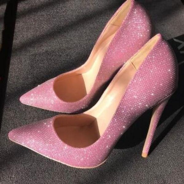 Chaussures habillées rose paillettes pompes femmes haut talon aiguille bout pointu mariage mariée coupe basse talons minces fête