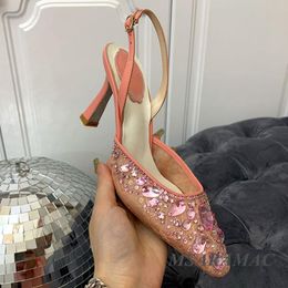 Chaussures habillées Rose Dentelle Mariage Talons Hauts Luxueux Strass Cristal Stiletto Bout Rond Maille Slingbacks Femmes