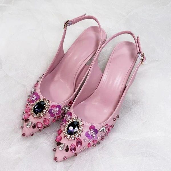 Chaussures habillées en cuir rose bijoux en cristal bijoux à bout pointu Slingback imprimé floral peu profond célébrant les talons de mariée