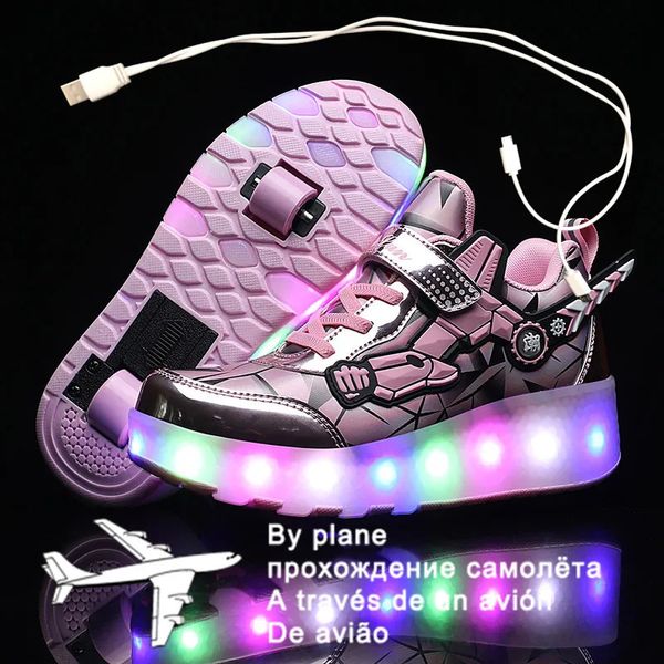 Chaussures habillées rose USB charge mode filles garçons LED patin à roulettes pour enfants enfants baskets avec roues deux roues 231017
