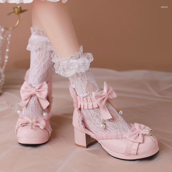 Zapatos de vestir rosa blanco lolita estilo cosplay dulce bowtie niñas princesa criada plataforma encaje volante perlas mujeres fiesta sandalias de boda