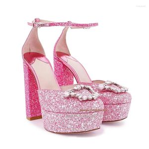 Kledingschoenen roze geel kristal espadrilles bling spike anke riem hak sandsalen vrouwen dikke platformpompen prom