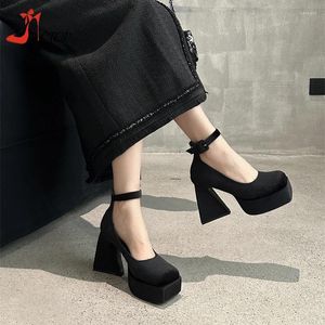 Dress Shoes Platform High Heel Pumps Dames Square Toe Suede Y2K Mary Jane 10cm Zwart Dikke Heel Party Ladies 2024