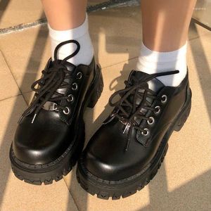 Dress Shoes Platform op hakken Oxford Women Small Leather Female Wild Dikke Dikke Heel Retro Zwart Work Low Single
