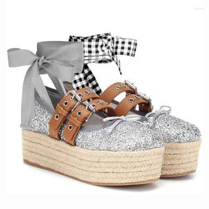 Geklede Schoenen Platform Ronde Neus Mary Janes Cross Strap Ballet Pumps Glitter Stro Visser Dames Onzichtbare Innerlijke Hoogte Toenemend