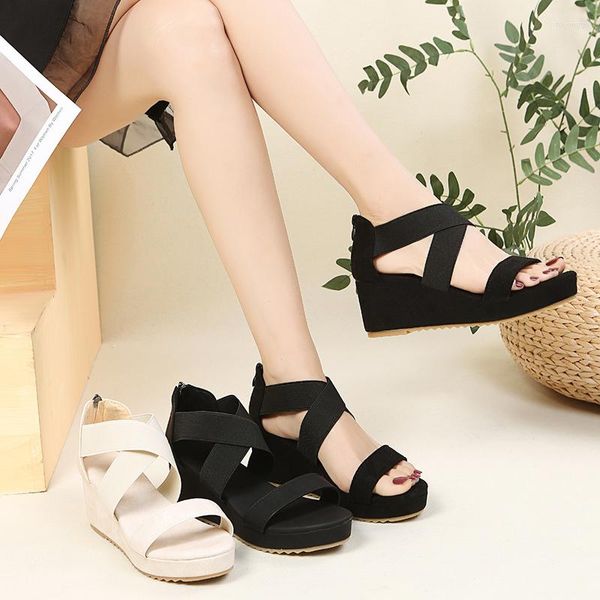 Chaussures habillées plate-forme sandales compensées femmes été 2023 tendances noir Peep orteil élastique tissu couverture talon fermeture éclair romain confort plage