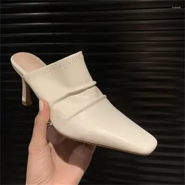 Chaussures habillées plissées pour femmes orteils carrés tacones lignes de couture minces talons hauts pu en cuir femelle mules slippées solides chasse femme