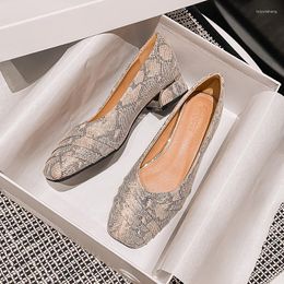 Zapatos de vestir plisados punta cuadrada tacones gruesos cortos moda doblada patrón de piel de serpiente mujeres elegantes tacones de mujer cómodos