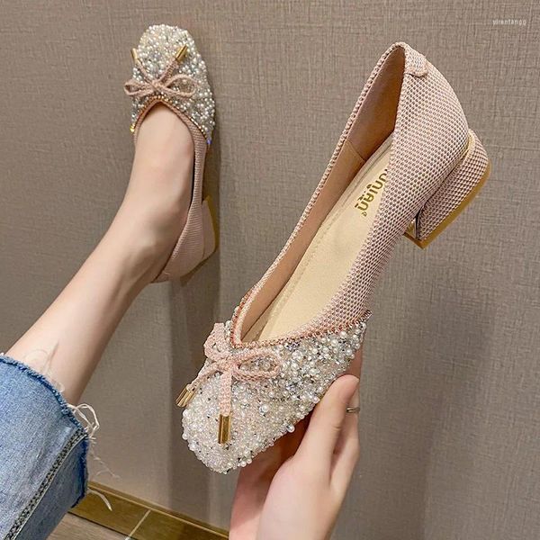 Zapatos de vestir Tallas grandes 33-43 Bombas de mujer Tacón de 3 cm Punta cuadrada Lady Bling Pearls Diamonds Bowknot Design FSweet Wedding Party 2023