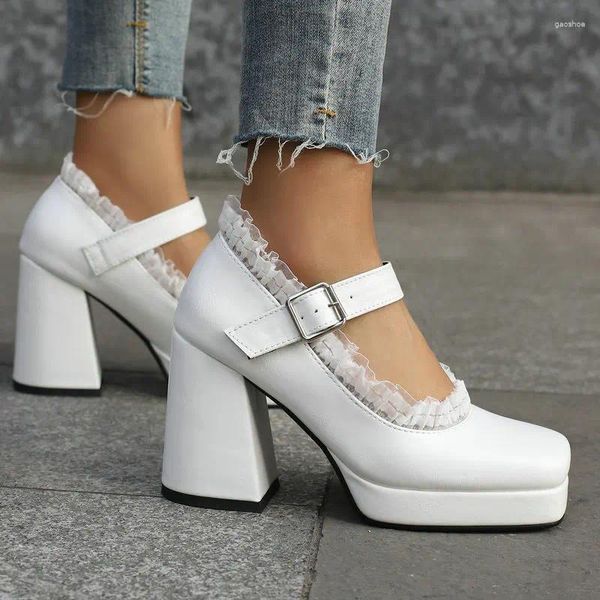 Zapatos de vestir más tamaño 33-48 blanco marrón lolita borde de encaje mujeres dulce punta cerrada tacones altos plataforma mary janes bombas encantadoras