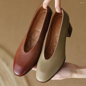 Chaussures habillées grande taille 34-42 cuir de vache pour femmes 5cm d'épaisseur talon Med bout rond escarpins à enfiler Style OL dames élégantes talons confortables doux