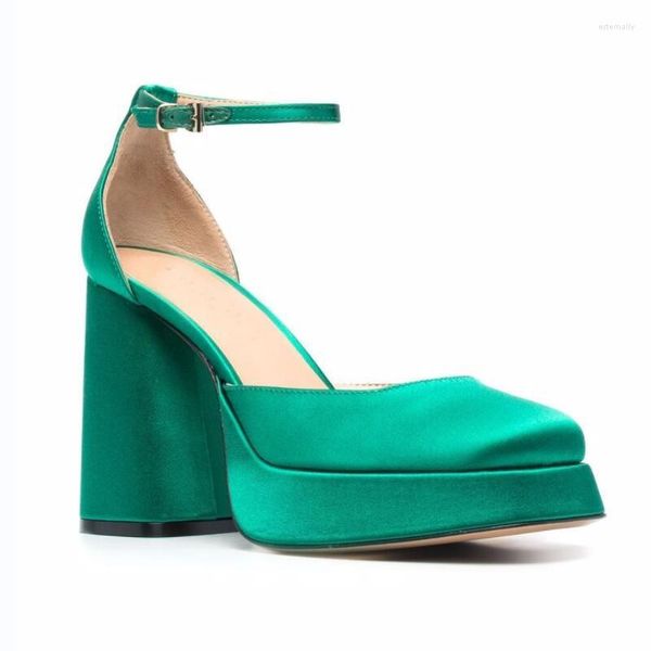 Zapatos de vestir de talla grande 34-43 para mujer, zapatos de tacón alto grueso de satén con plataforma y boca baja, sandalias de verano 2022, negro, verde, Beige, azul