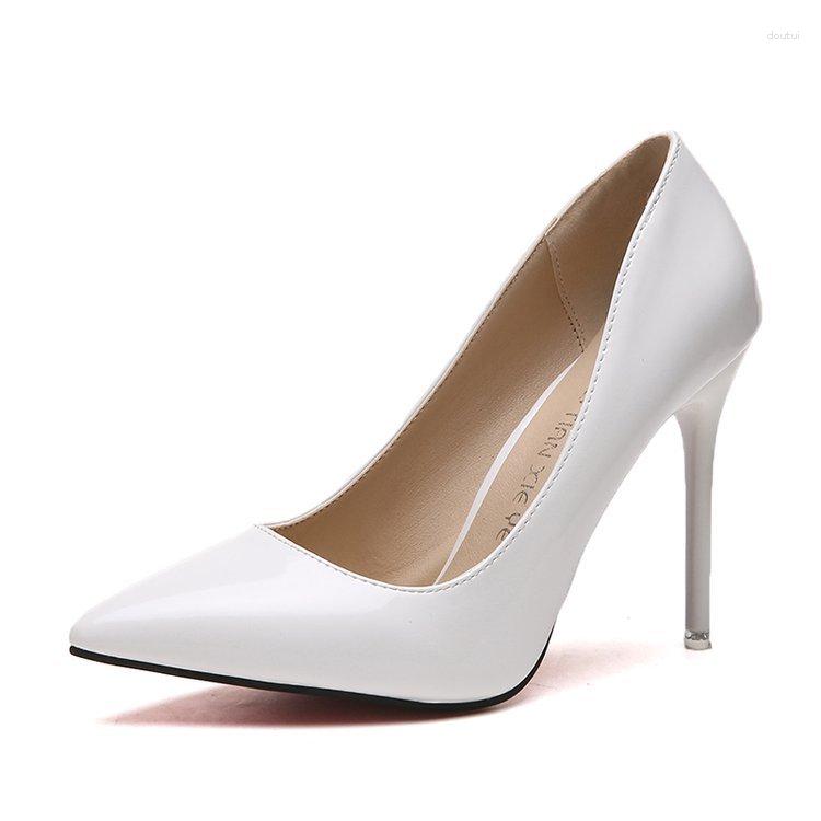 Vestido sapatos mais tamanho 34-44 mulheres apontadas bombas de couro patenteado salto alto barco casamento zapatos mujerde39