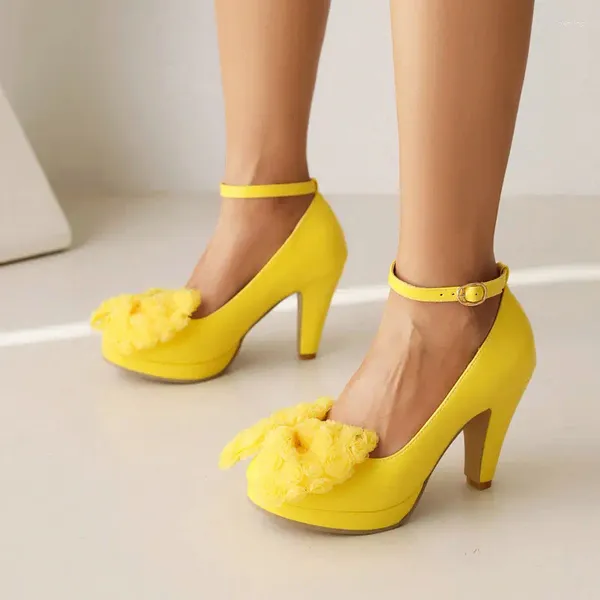 Zapatos de vestir Tallas grandes 34-48 Amarillo brillante Azul Punta redonda Lady Mary Janes Spike Tacones altos Stiletto Bombas de mujer con encaje Flor Bowtie