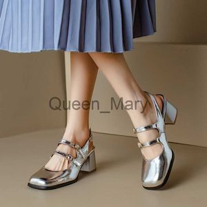 Dress Shoes Plus Size 44 45 46 Zwarte zilveren dikke hakken Mary Jane schoenen vrouwen vierkant teen dubbele gesp pumps slingback dames sandalen j230815