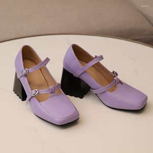 Chaussures habillées grande taille classique rétro tête carrée talons épais Mary Jane boucle à double boutonnage évidé 2023 pompes pour femmes