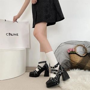 Dress Shoes Plus Size For Women Buckle Strap Chain Dames High Heel Square Heel Heel Toe Ladies Pumps Rivet Platform Mary Janes