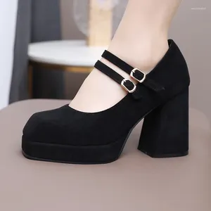 Dress Shoes Plus Size Frosted Flock Materiaal Dubbele breasted Buckle Super Heel Heel Mary Jane Hollow Out Breathable Women's Pumps