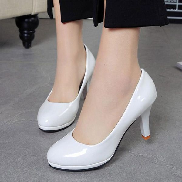 Chaussures habillées grande taille bureau dame talons hauts en cuir verni pompes de base blanc mariage Zapatos Mujer Ladies1