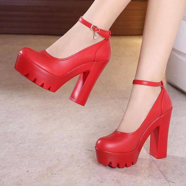Zapatos de vestir de talla de mayor tamaño rojo tacón cuadrado alto tacones altos elegantes elegantes fiesta de plataforma de fiesta de fiesta de mujeres románticas a0044